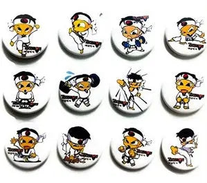 Lot of 12 circular taekwondo character pinback buttons, enamel-style