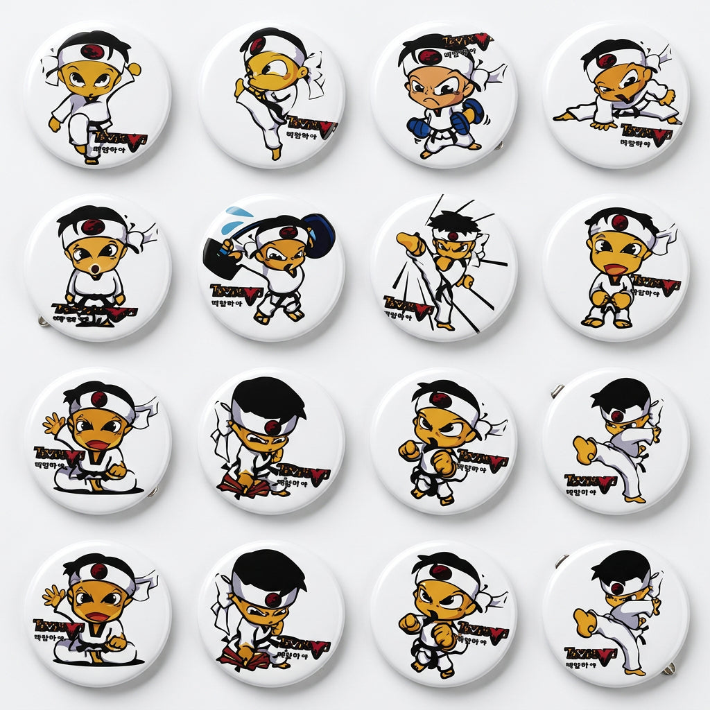 Lot of 12 circular taekwondo character pinback buttons, enamel-style