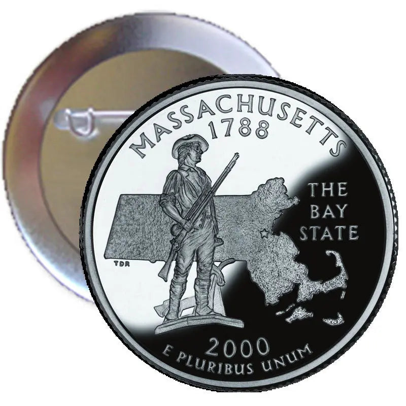 Massachusetts state quarter mint pinback button with 1788 Bay State design
