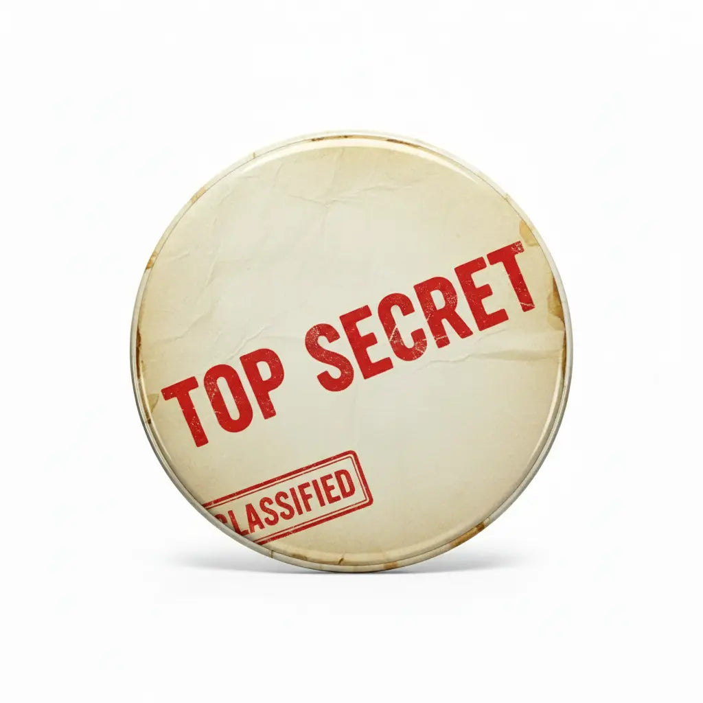 Cream round pinback button with red “TOP SECRET” and “CLASSIFIED” text