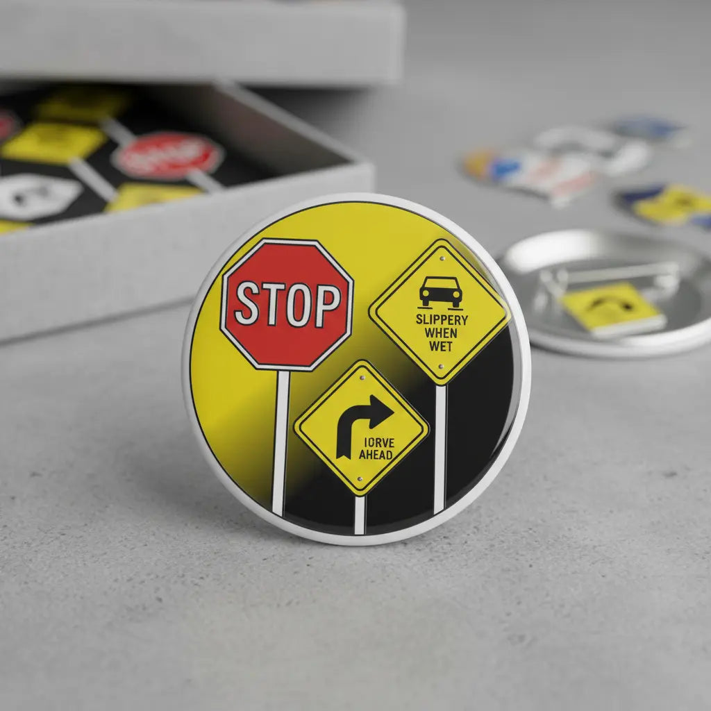 Round traffic sign pinback badge with STOP and slippery when wet/curve ahead icons