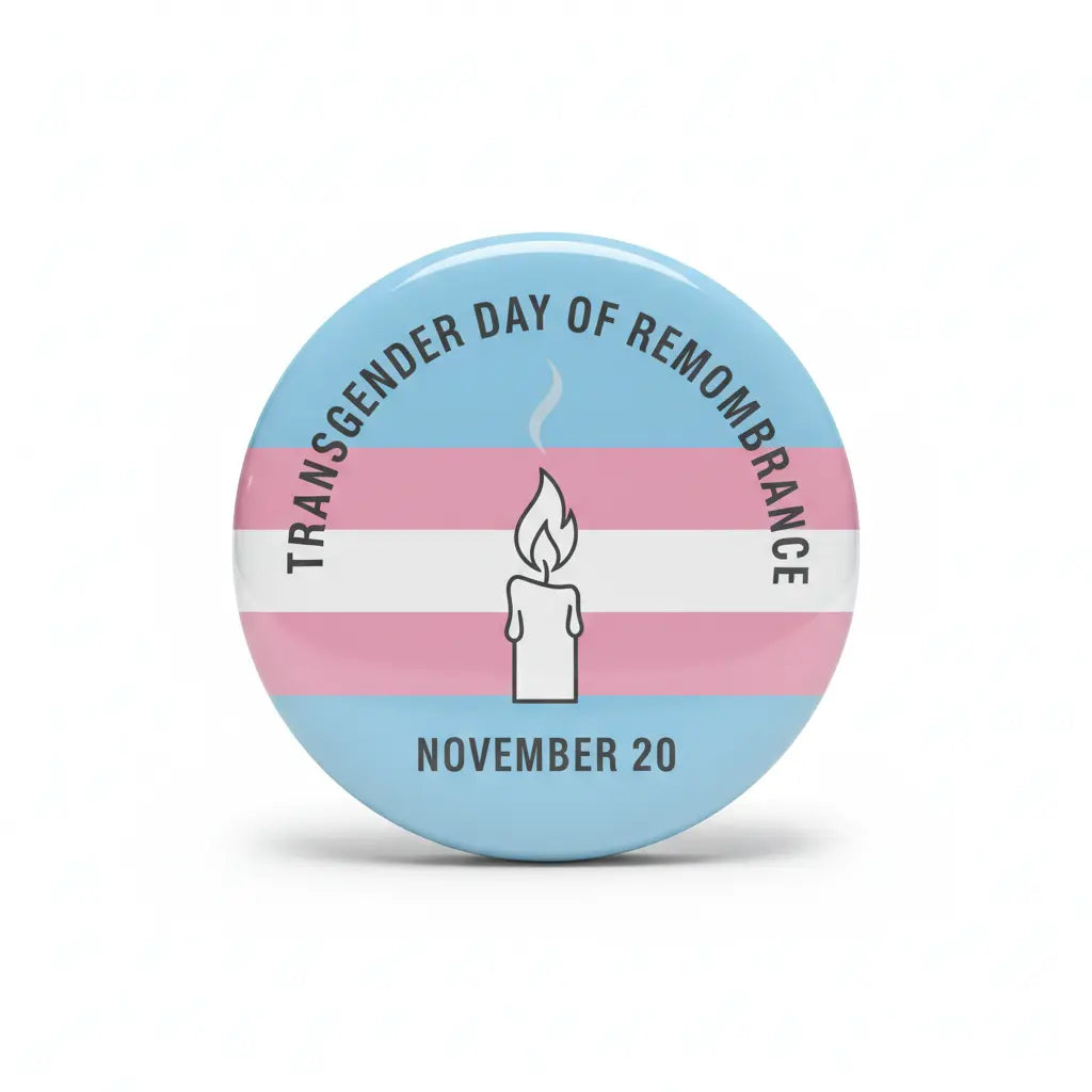 Round awareness pinback with blue, pink stripes, candle icon, and 'November 20' text.