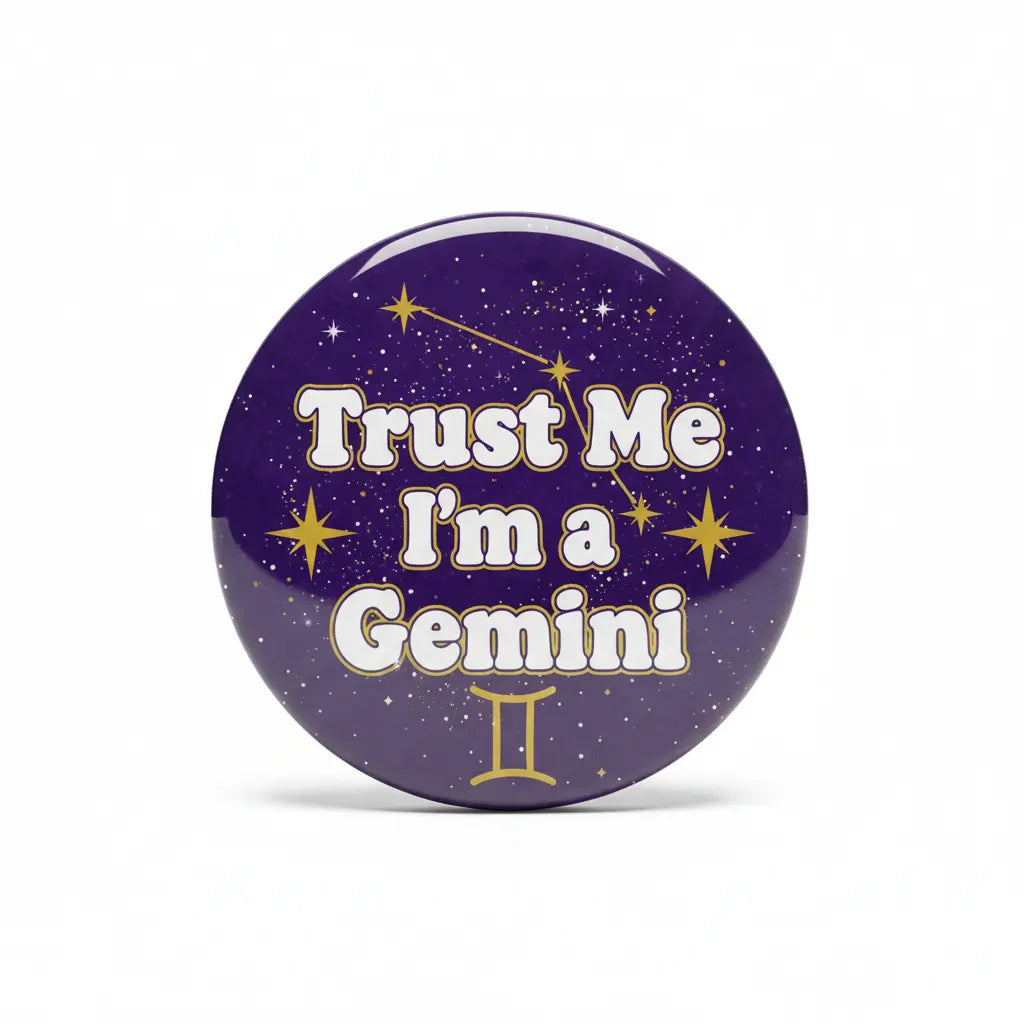 Purple starry Gemini pinback button: “Trust Me I’m a Gemini” with II symbol