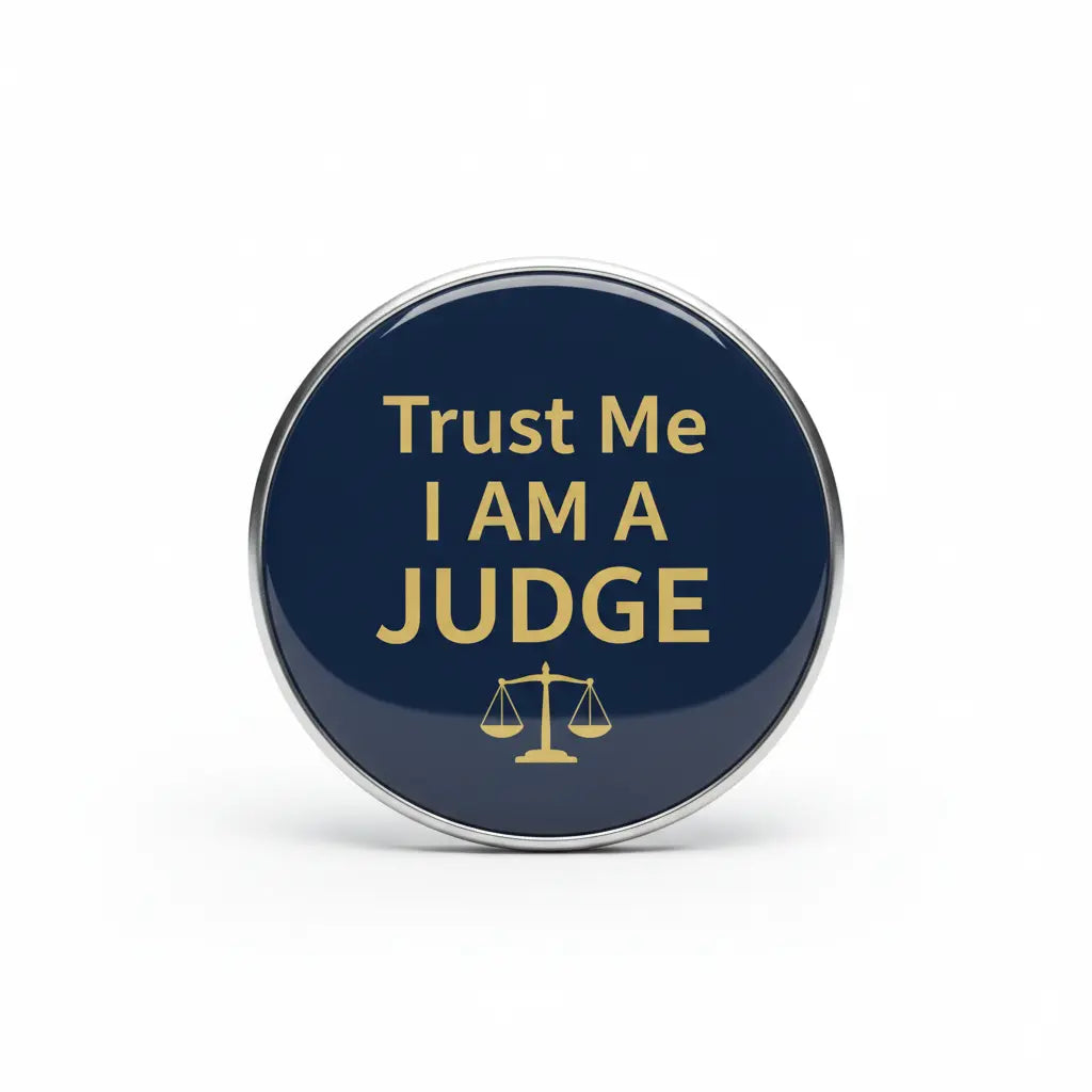 2.25-inch judge pinback button with navy face, gold text 'Trust Me I Am a Judge' and scales