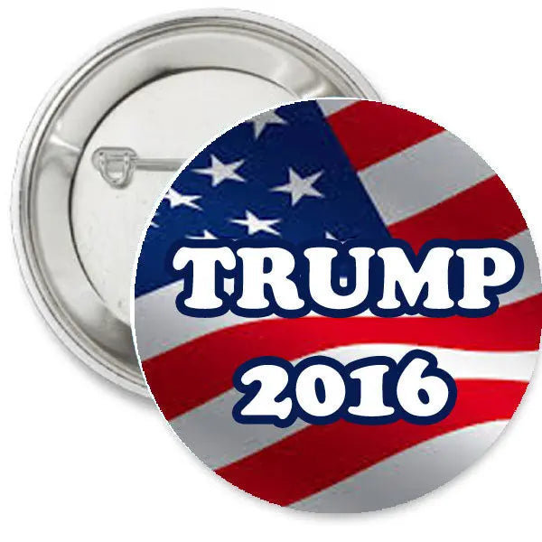 Trump 2016 pinback button with American flag design and TRUMP lettering