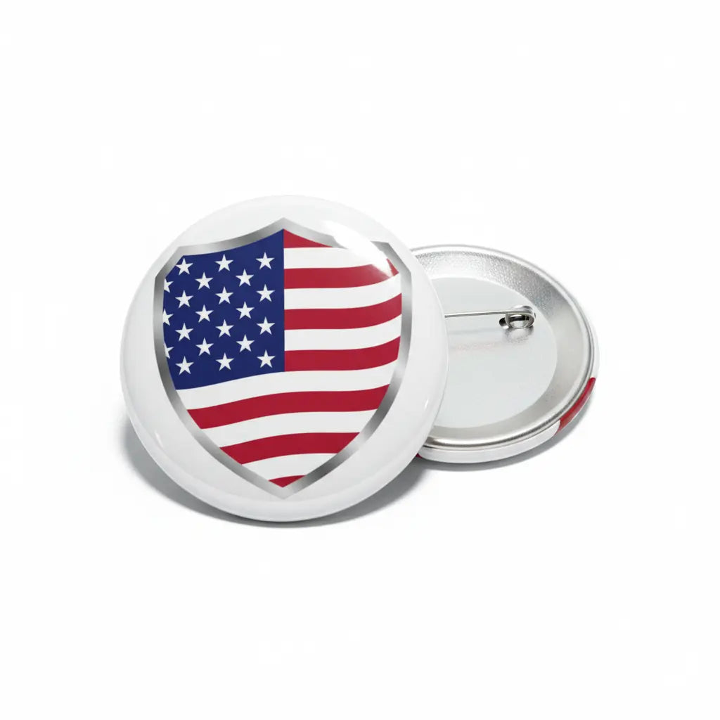 USA flag crest button pin, 2.25-inch round with silver backing and clasp.