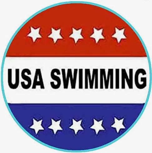 Round USA SWIMMING pinback button with red, white, and blue stripes and stars