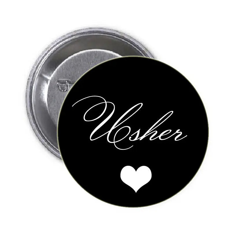 Black wedding pinback button with Usher script and white heart