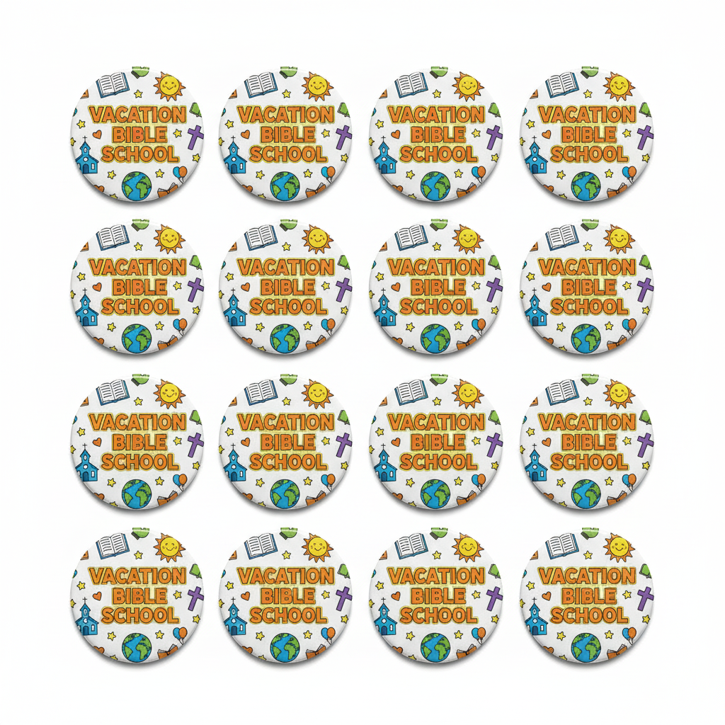 Multiple 24 Vacation Bible School pinback buttons, round with school themed icons
