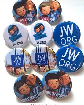 Set of round blue JW.ORG pinback buttons with faces printed on each