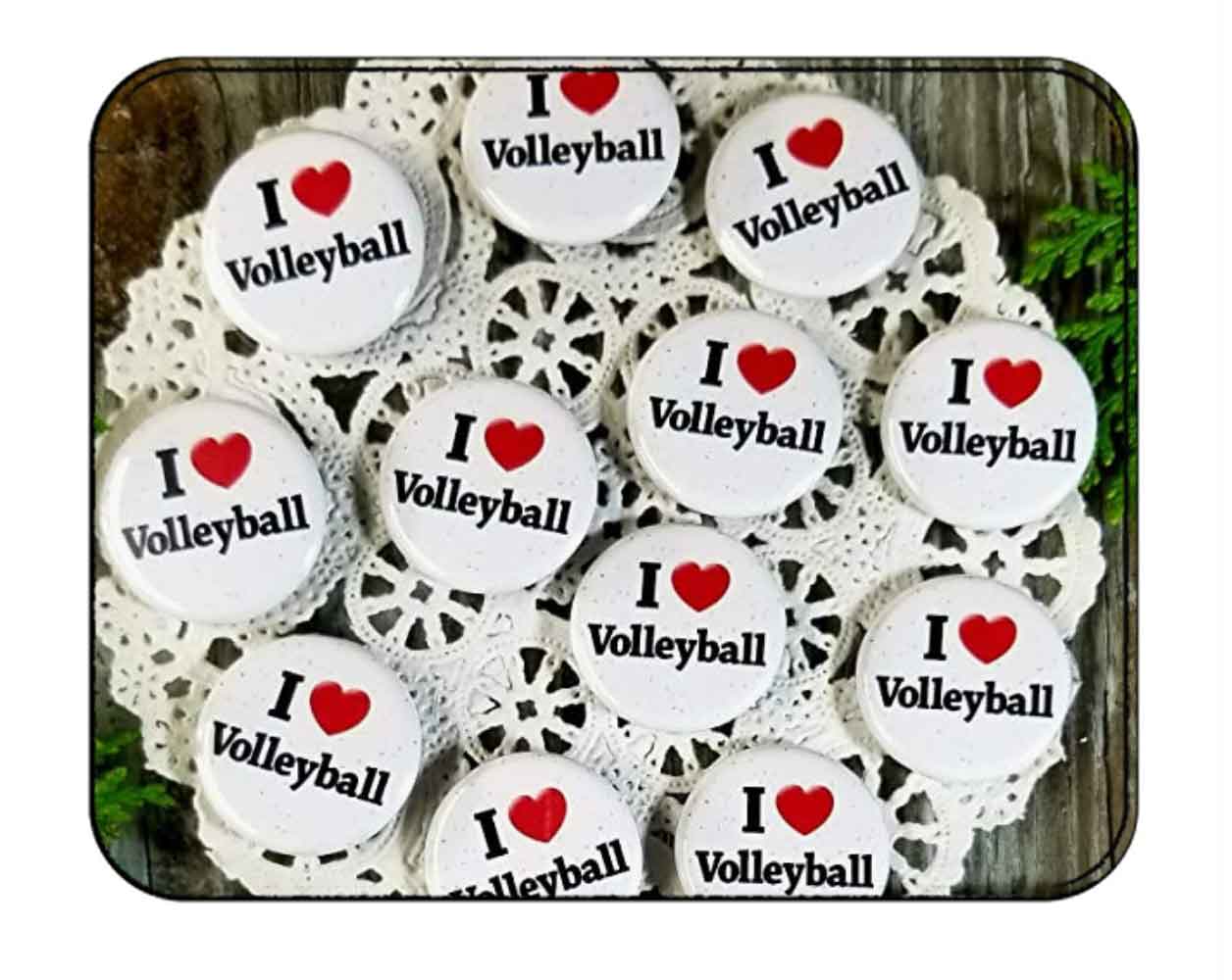Set of 12 I Love Volleyball 1.25-inch pinback buttons with red heart