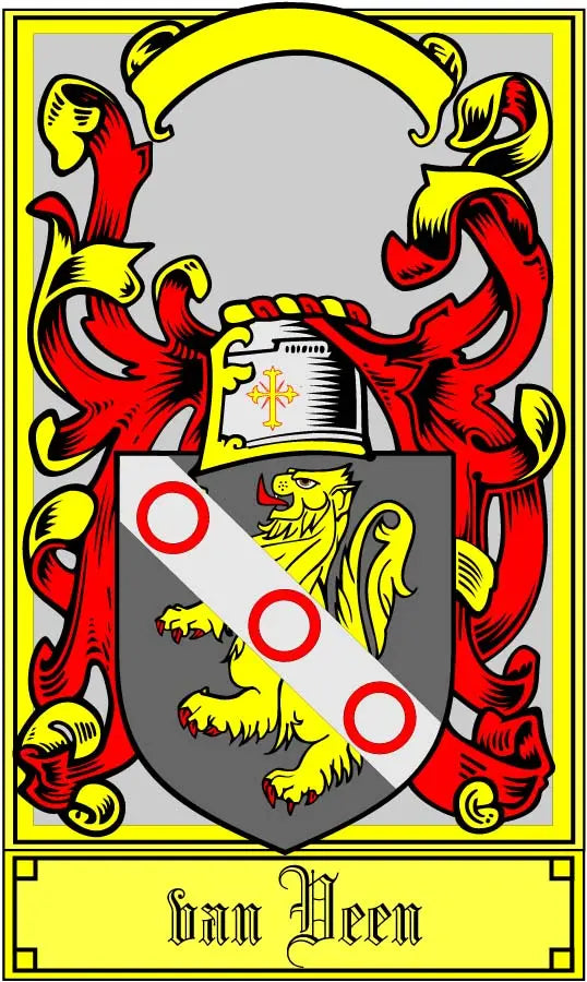 Van Veen family crest pinback with shield, helmet, lions, and red/yellow border
