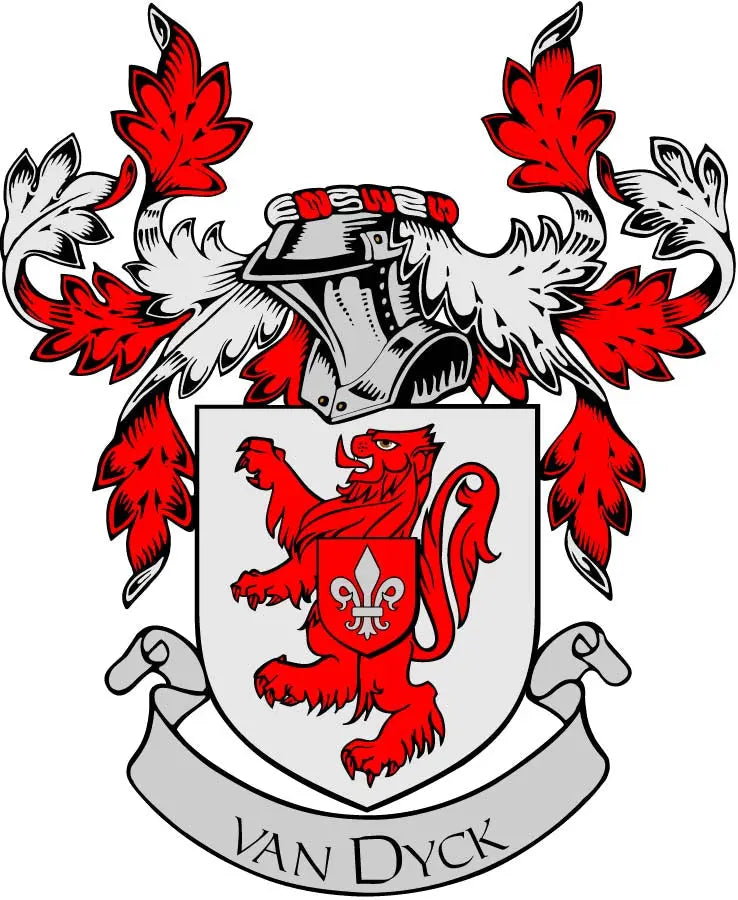 Van Dyck family crest arms magnet with red lion shield and fleur-de-lis, 3-inch