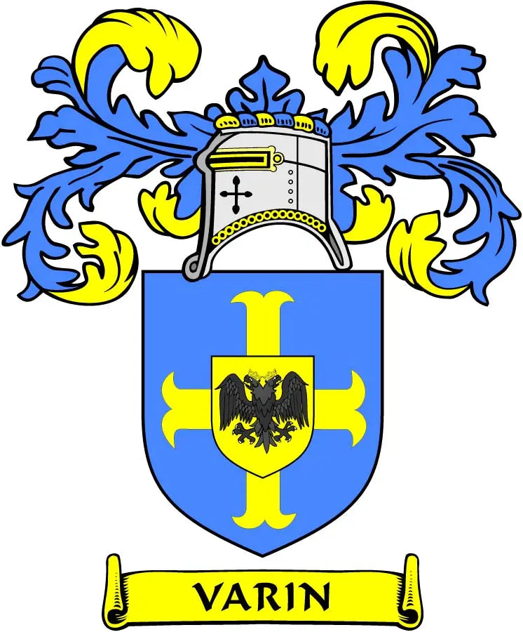 Family crest coat-of-arms magnet with blue shield, helmet, and VARIN banner