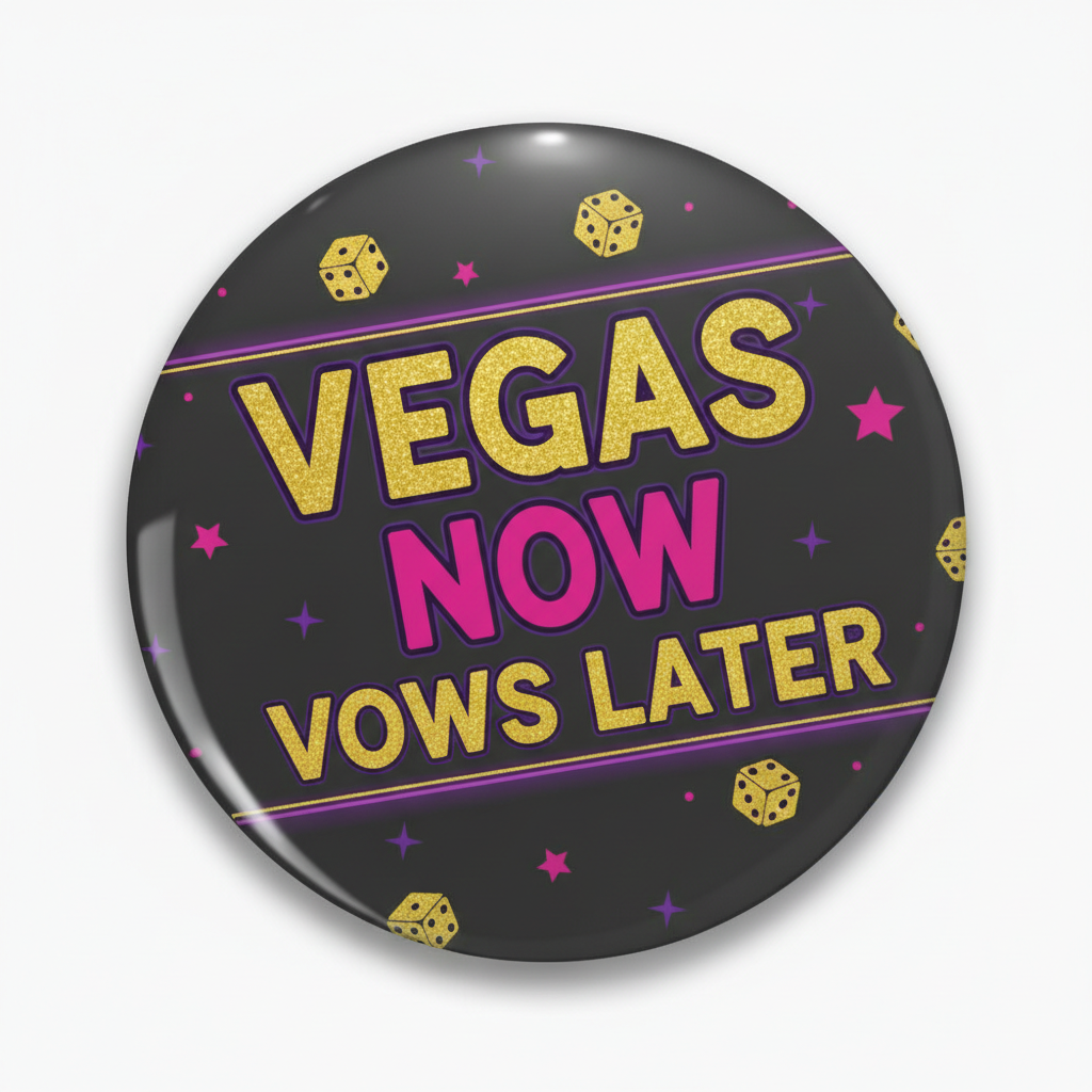 Vegas NOW Vows LATER pinback button, 2.25-inch; black with purple text and dice icons