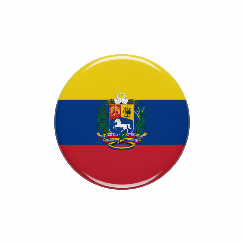 Venezuela flag crest pin, circular 2.25-inch enamel badge with center coat of arms