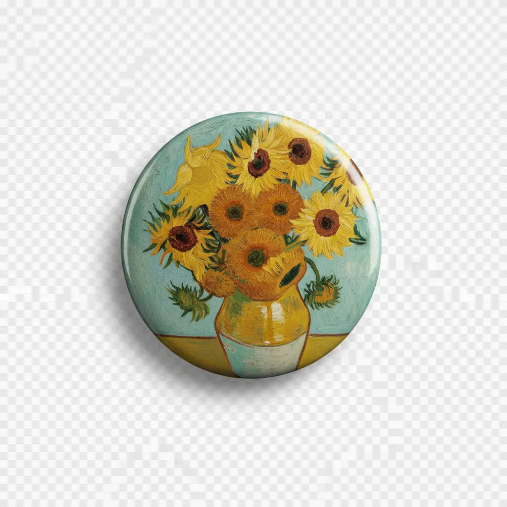 Round sunflower illustrated badge reel with felt retractable face, Vincent Van Gogh art