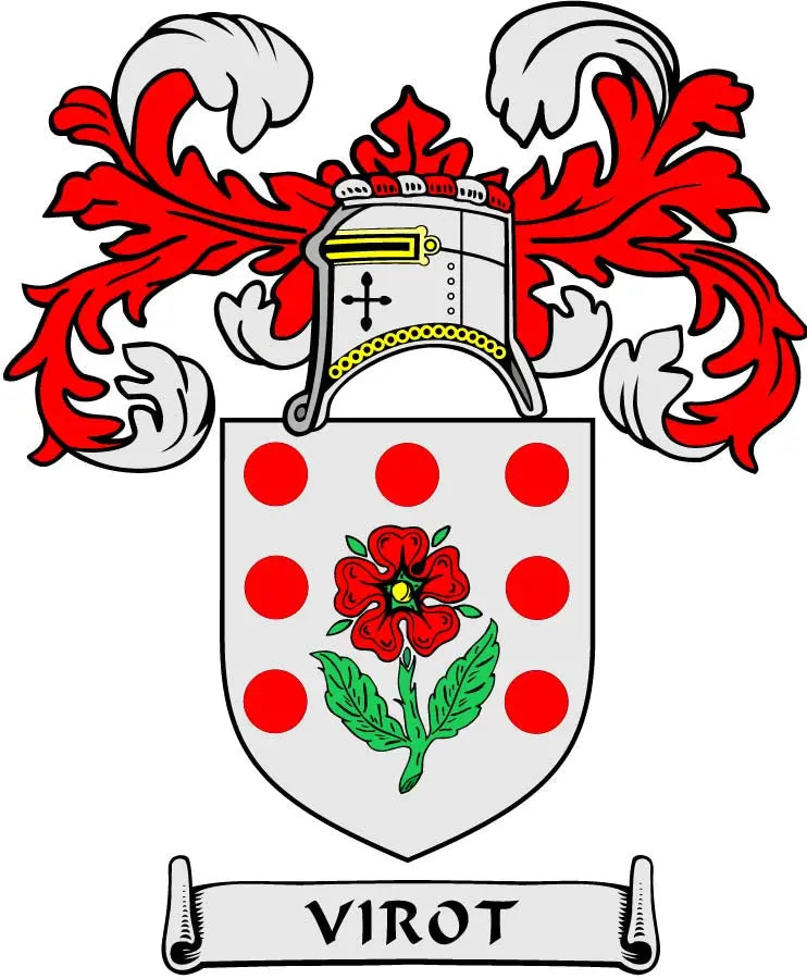 Virot family crest coat-of-arms magnet with red and white shield, flower, and helmet