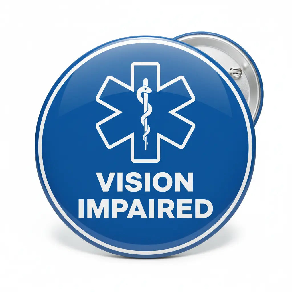Blue circular medical alert pinback with white Vision Impaired text and cross icon
