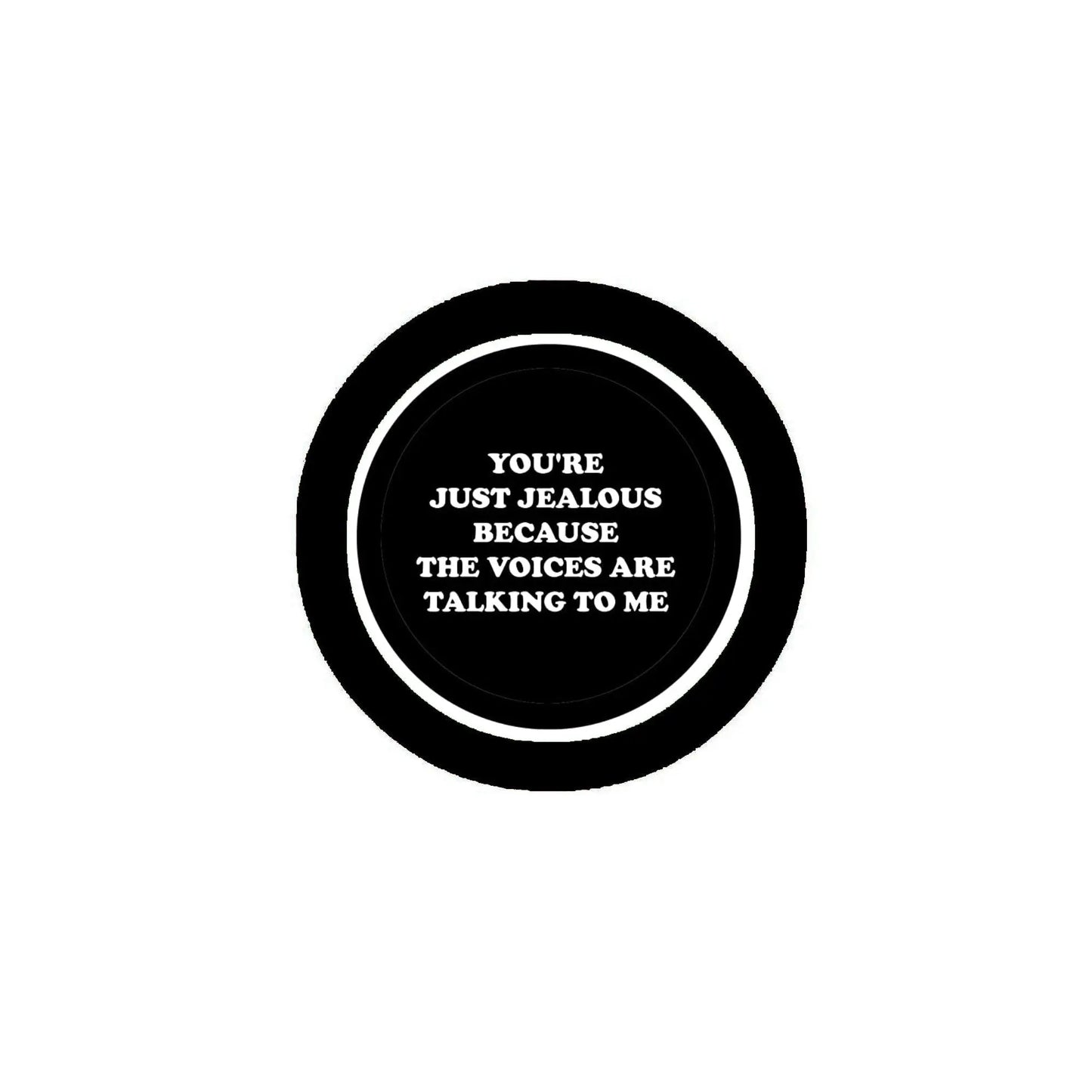 1.25-inch round pinback button, black with white quote text in center