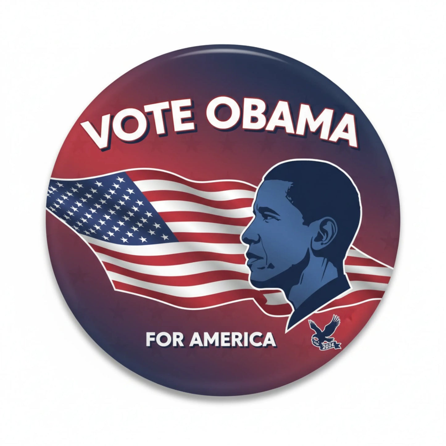 Round Vote Obama for America pinback button with Obama profile and US flag