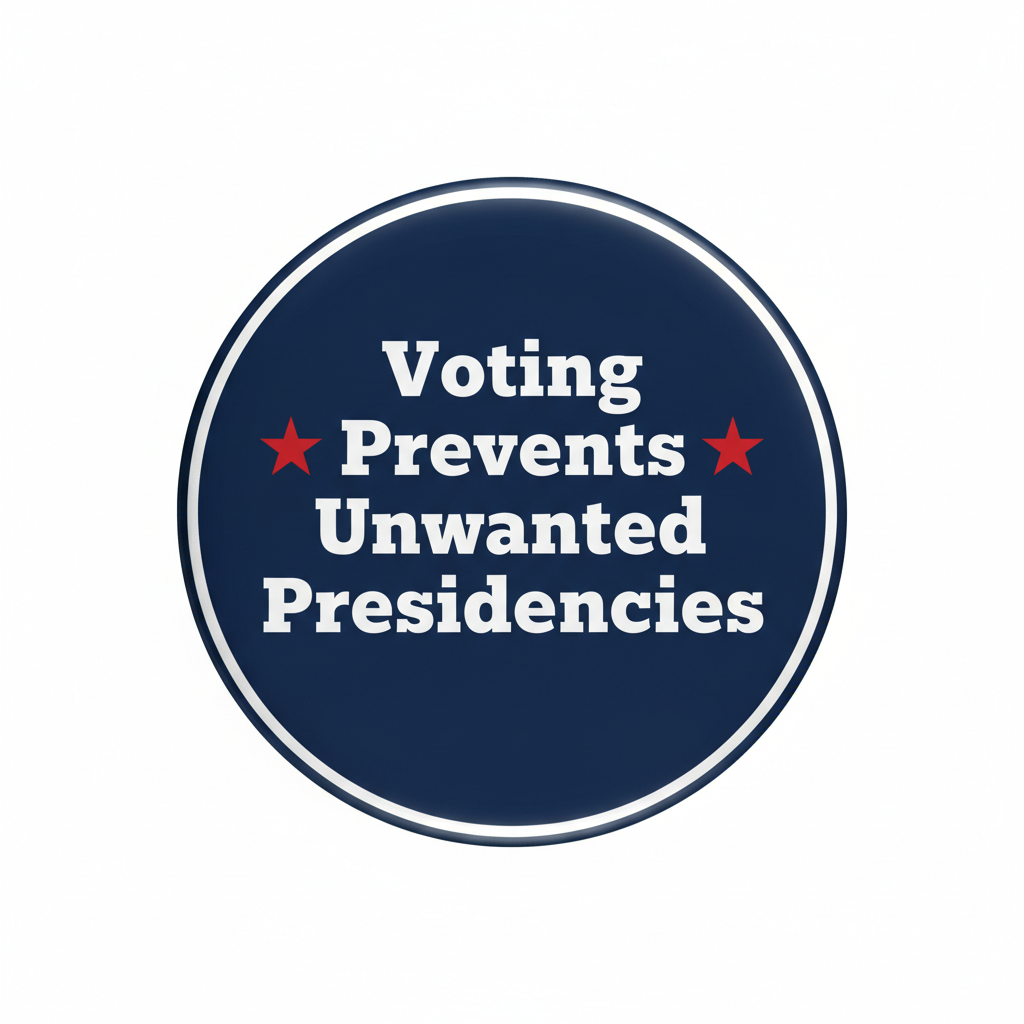 2.25-inch round pinback button, dark blue with white text and red stars