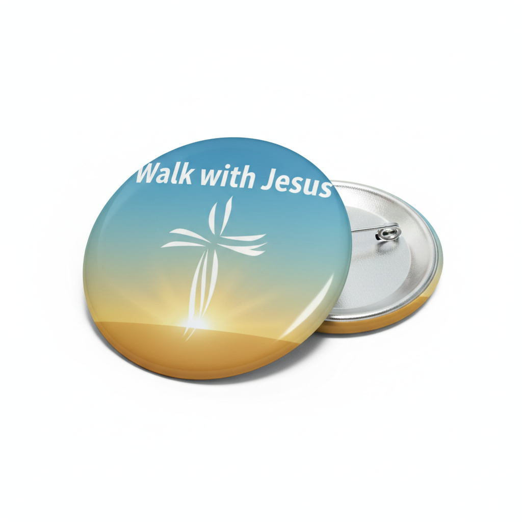 Walk with Jesus pinback button with cross and sunrise design, silver back