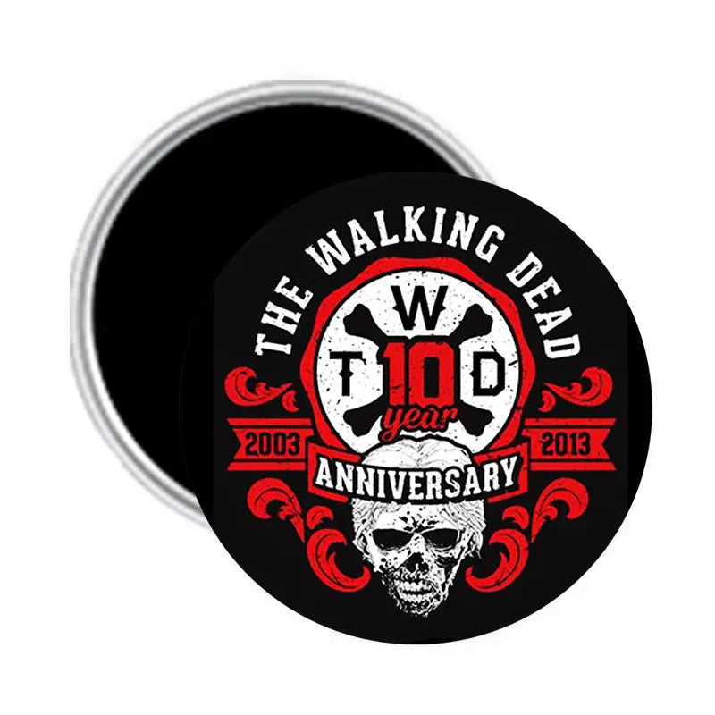 Round black car magnet with red and white 10th anniversary logo and skull graphic