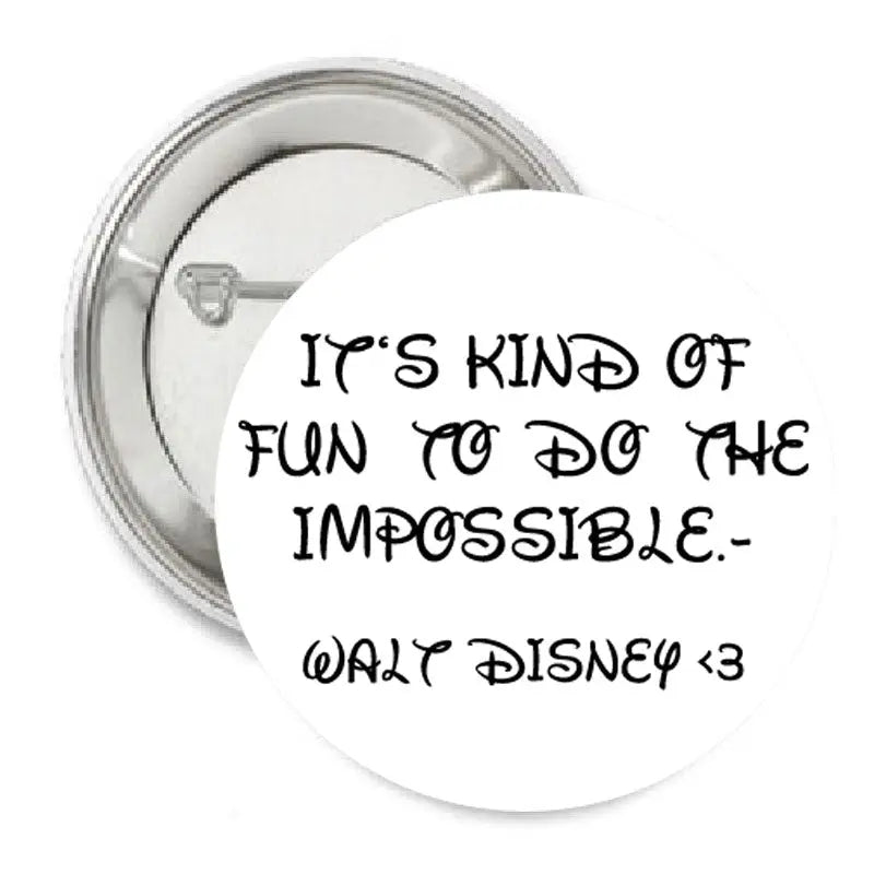 Round quote pinback button, black text on white with pinback metal rim