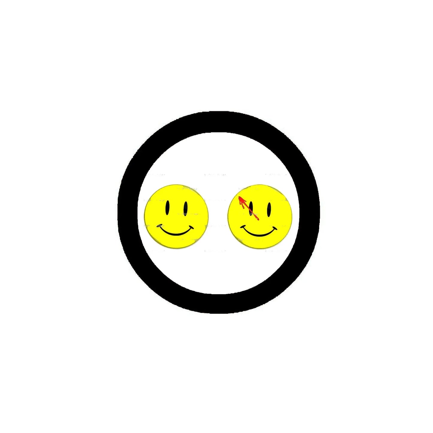 Set of two yellow smiley face pinback badges, 2.25-inch, black outer border