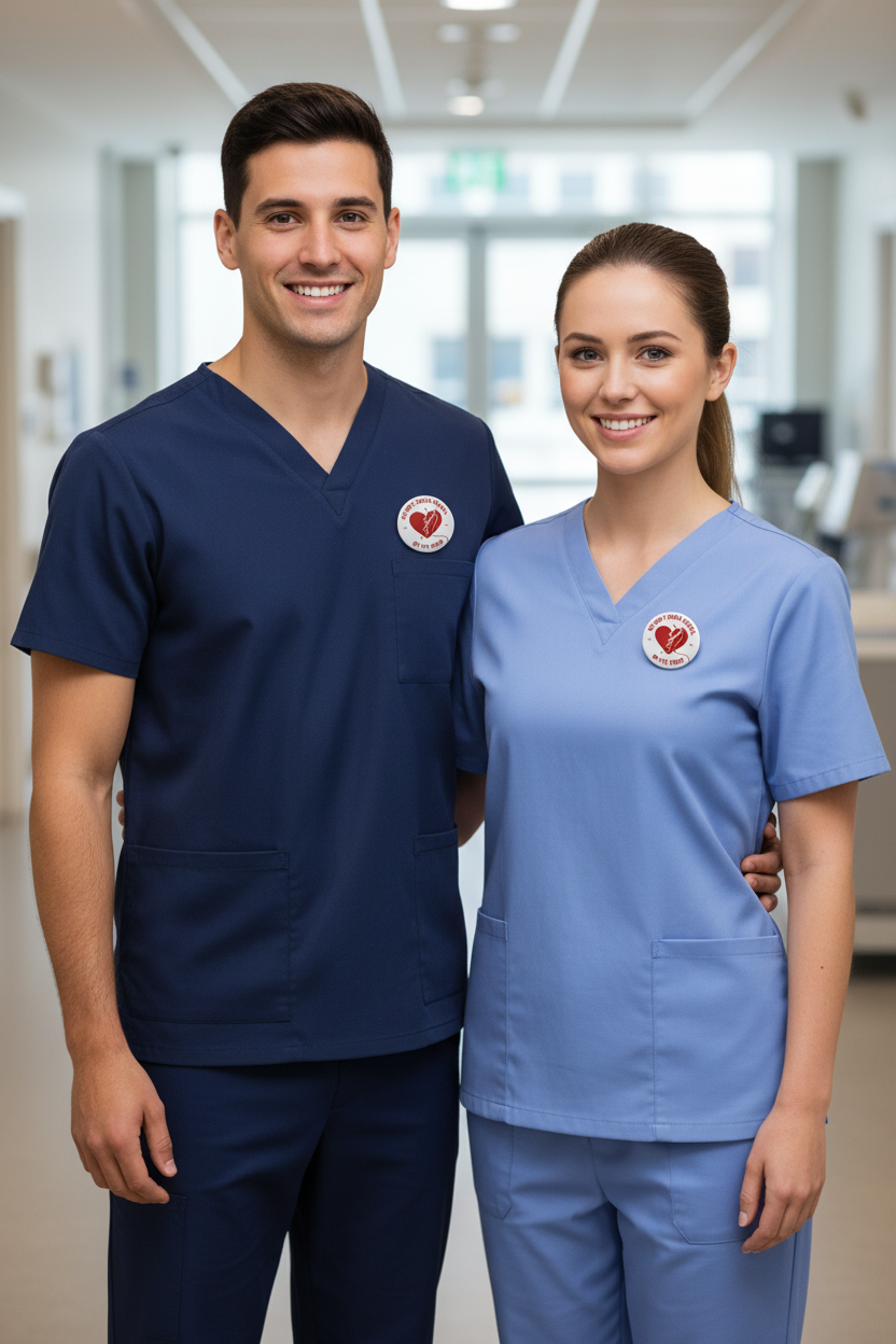 Round pin on scrub tops: dark blue and light blue with red heart logo