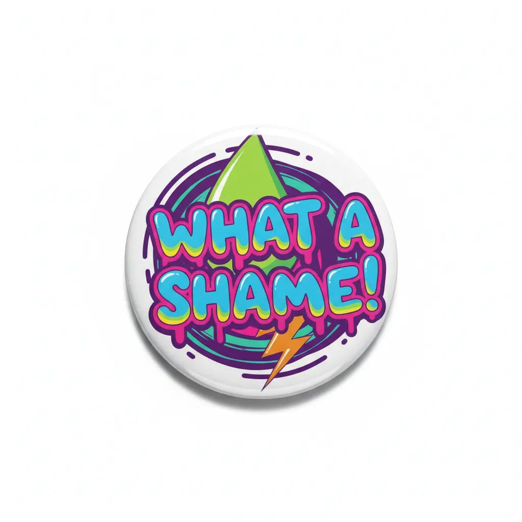 2.25-inch pinback button with purple and green โWhat a shame!โ speech bubble design