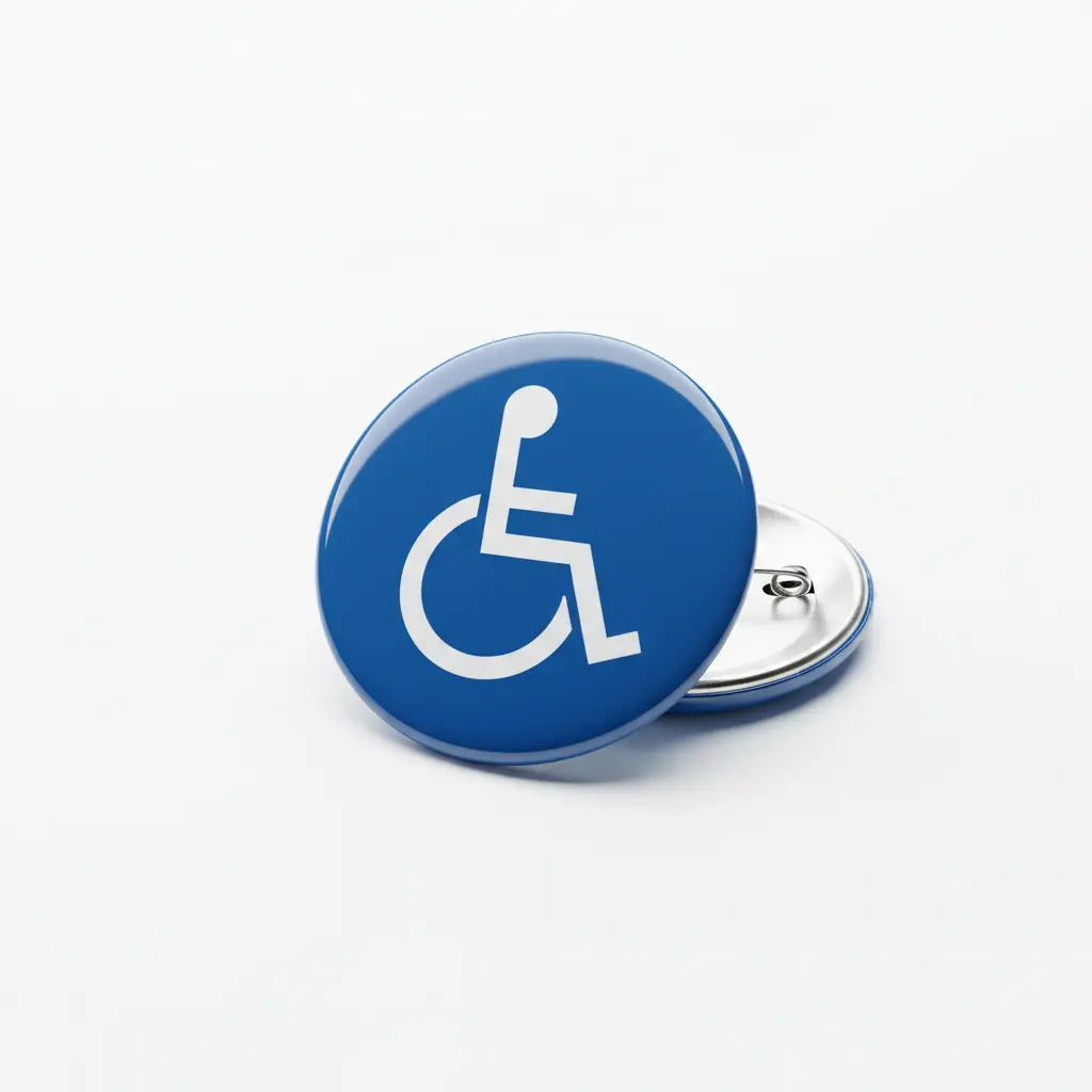 Wheelchair access symbol pinback button, blue enamel, 2.25-inch, metal back