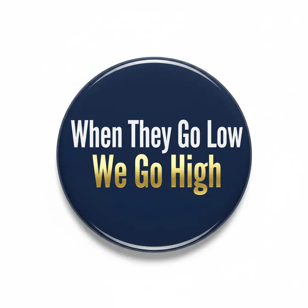 2.25-inch pinback button, navy with 'When They Go Low We Go High' text