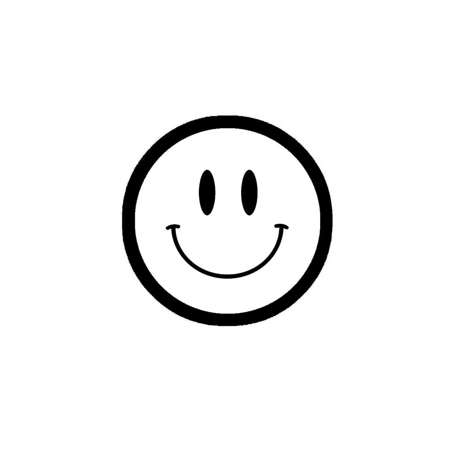 Smiley face pinback button, white circle with black outline and grin
