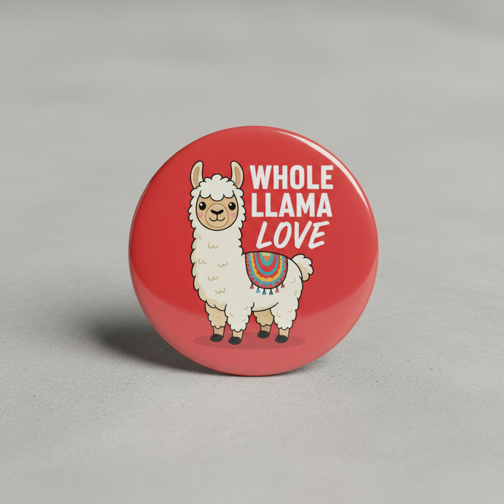 2.25-inch pinback button, red with llama art and 'WHOLE LLAMA LOVE' text
