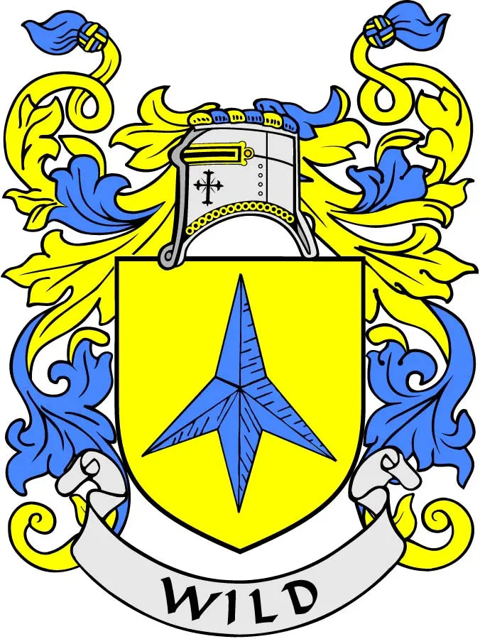 Wild coat of arms crest magnet, yellow shield with blue star and WILD text