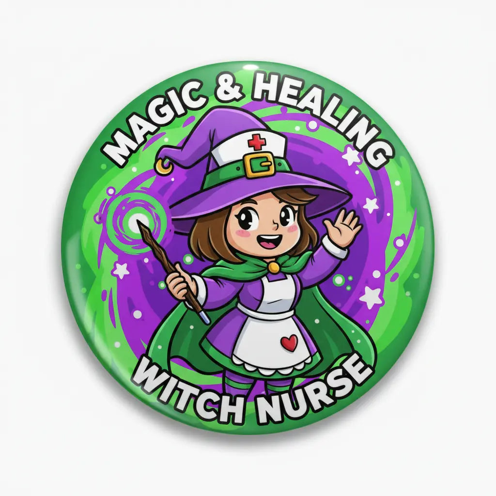 2.25-inch round pinback button: purple witch nurse with staff, “Magic & Healing”