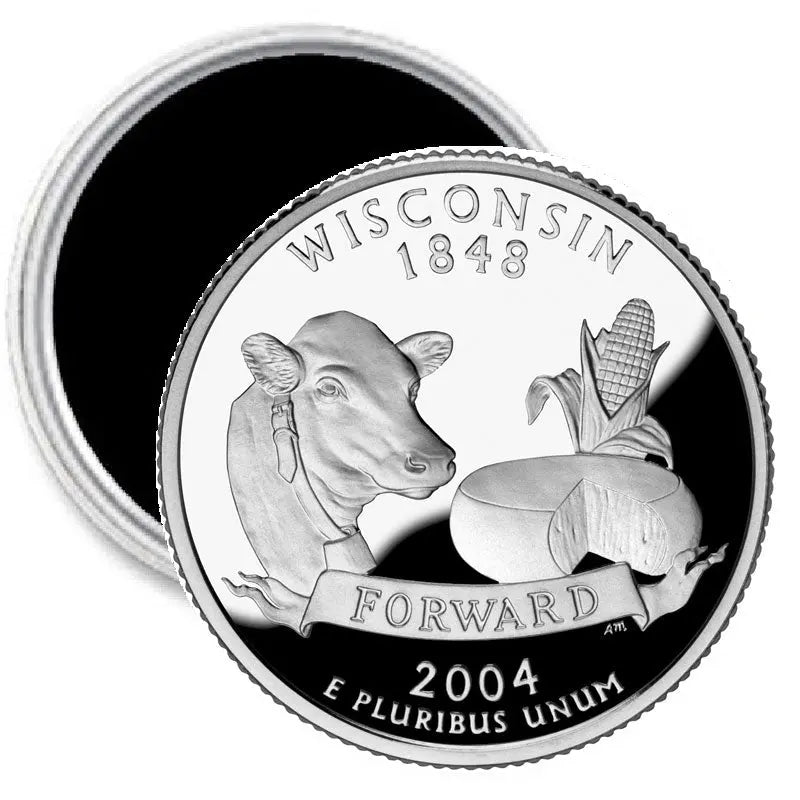 Wisconsin state quarter coin image magnet, silver circle with cow, corn, 2004 text