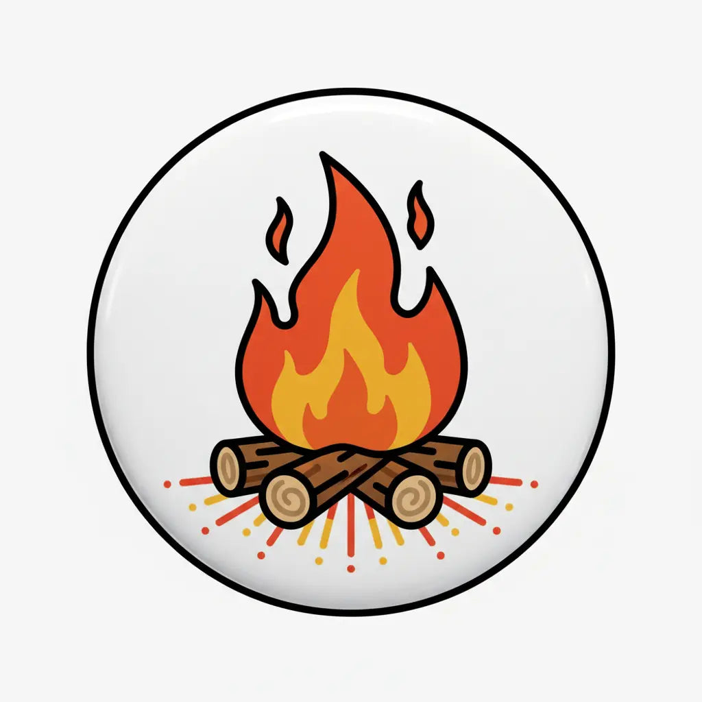 Wood fire pinback button with orange flames and stacked log graphic, circular