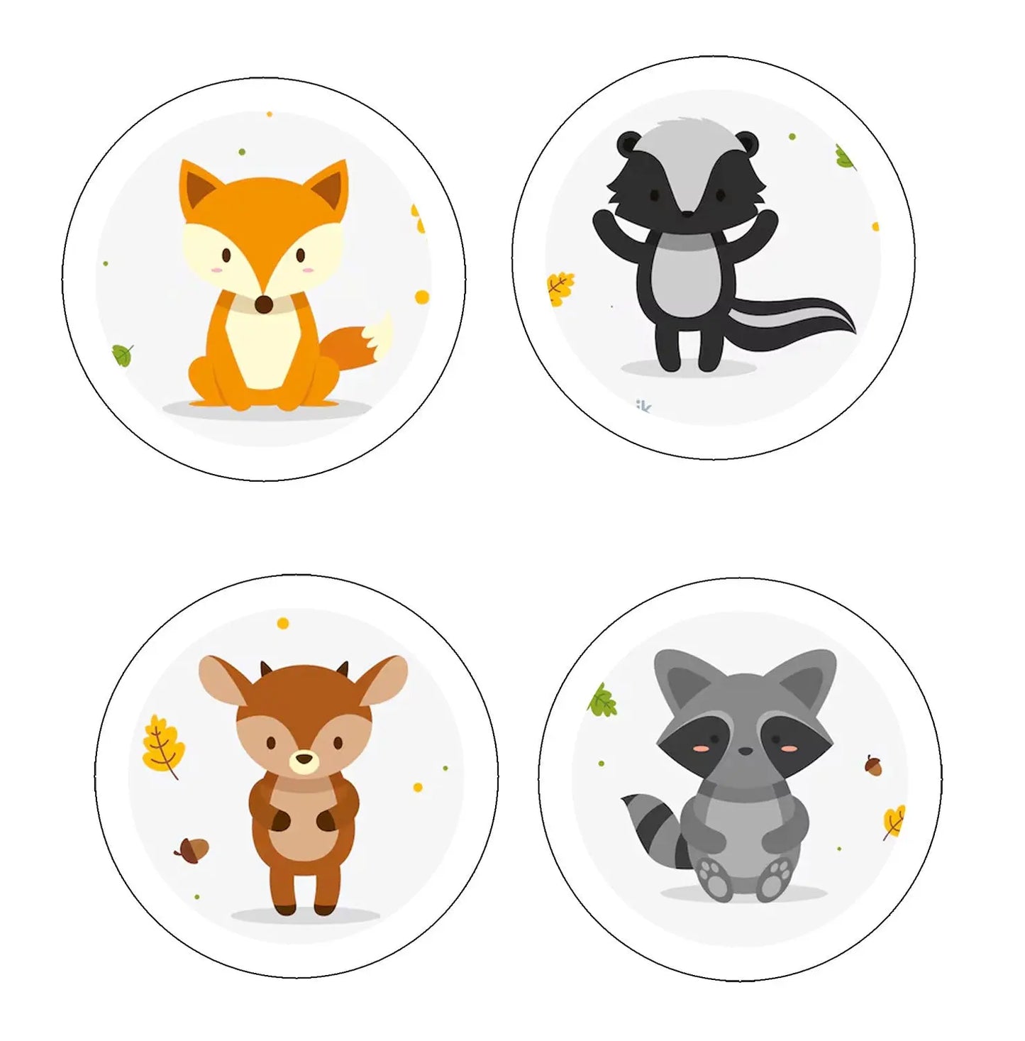 Round woodland animal pinback buttons: fox, panda, deer, raccoon (1.25 in)