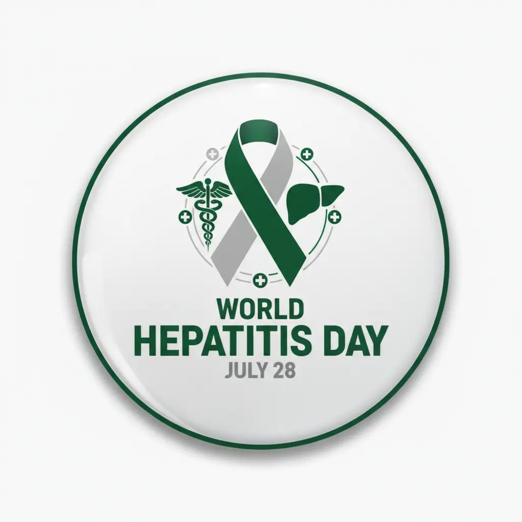 World Hepatitis Day pinback button with green ribbon and text WORLD HEPATITIS DAY JULY 28