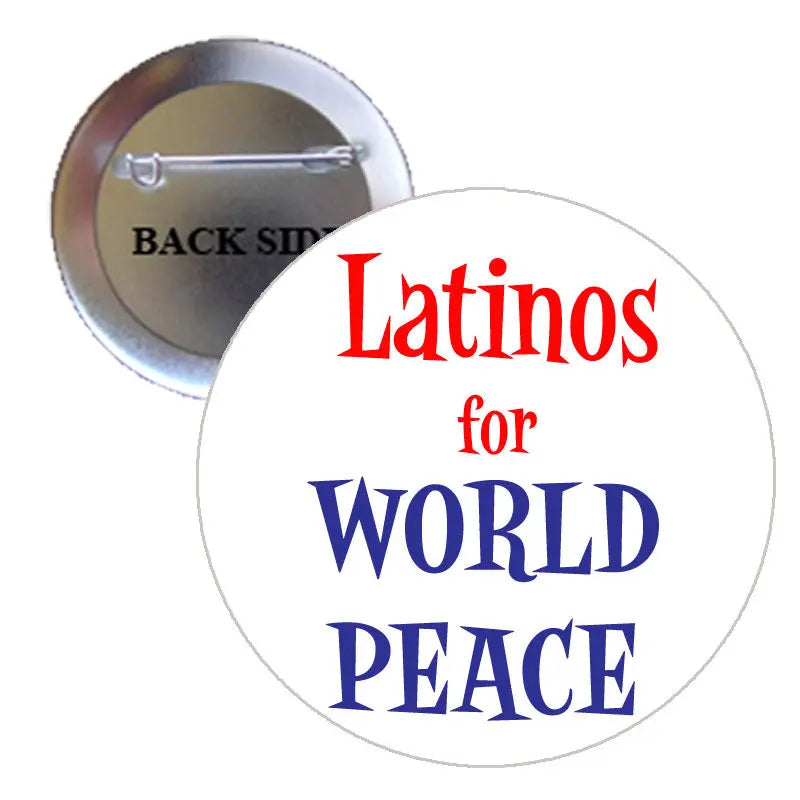 Latinos for World Peace circular pinback button, red and blue text on white front