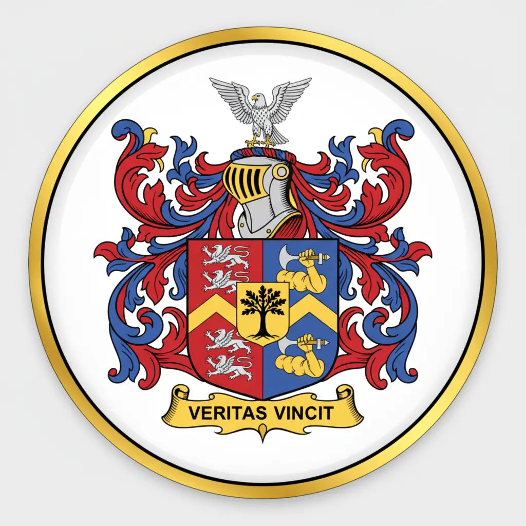 Round family crest arms magnet with gold rim and blue red shield design, 3-inch