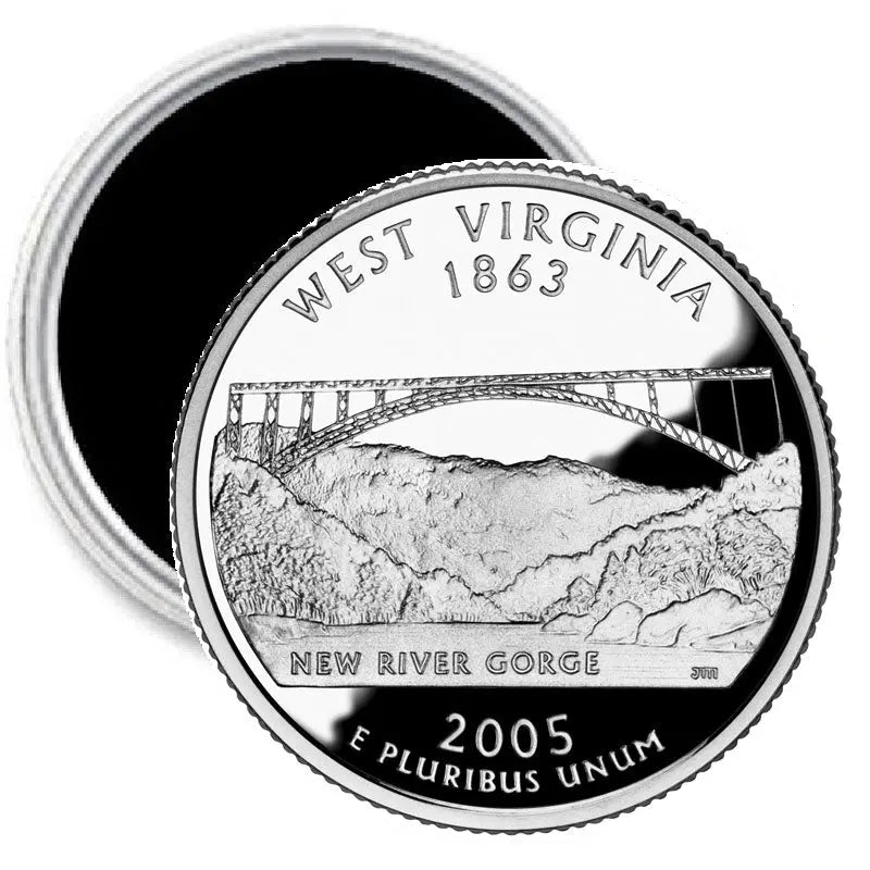 Round West Virginia quarter image magnet with NEW RIVER GORGE and 2005 text