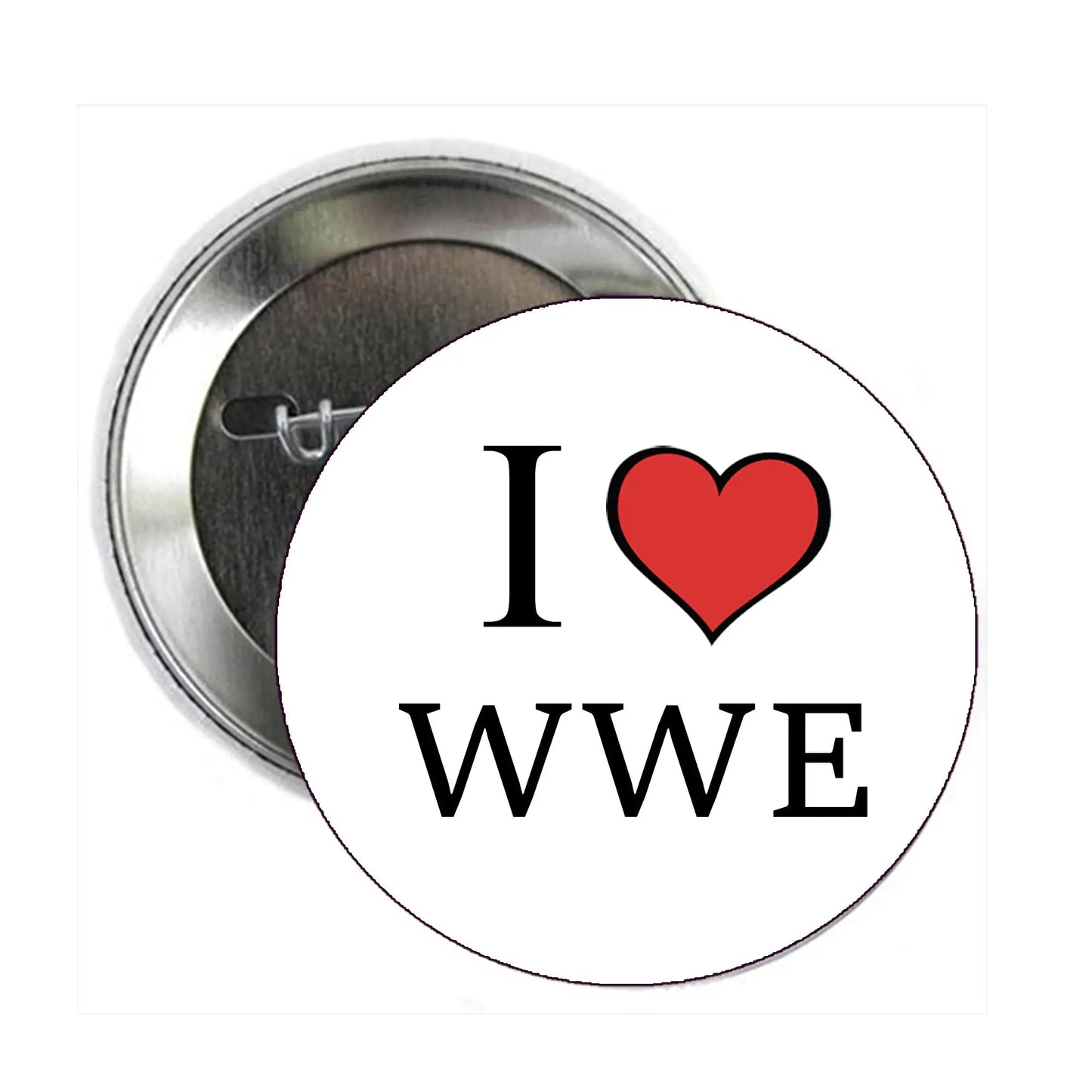 1.25-inch WWE pinback button: 'I ♥ WWE' with red heart