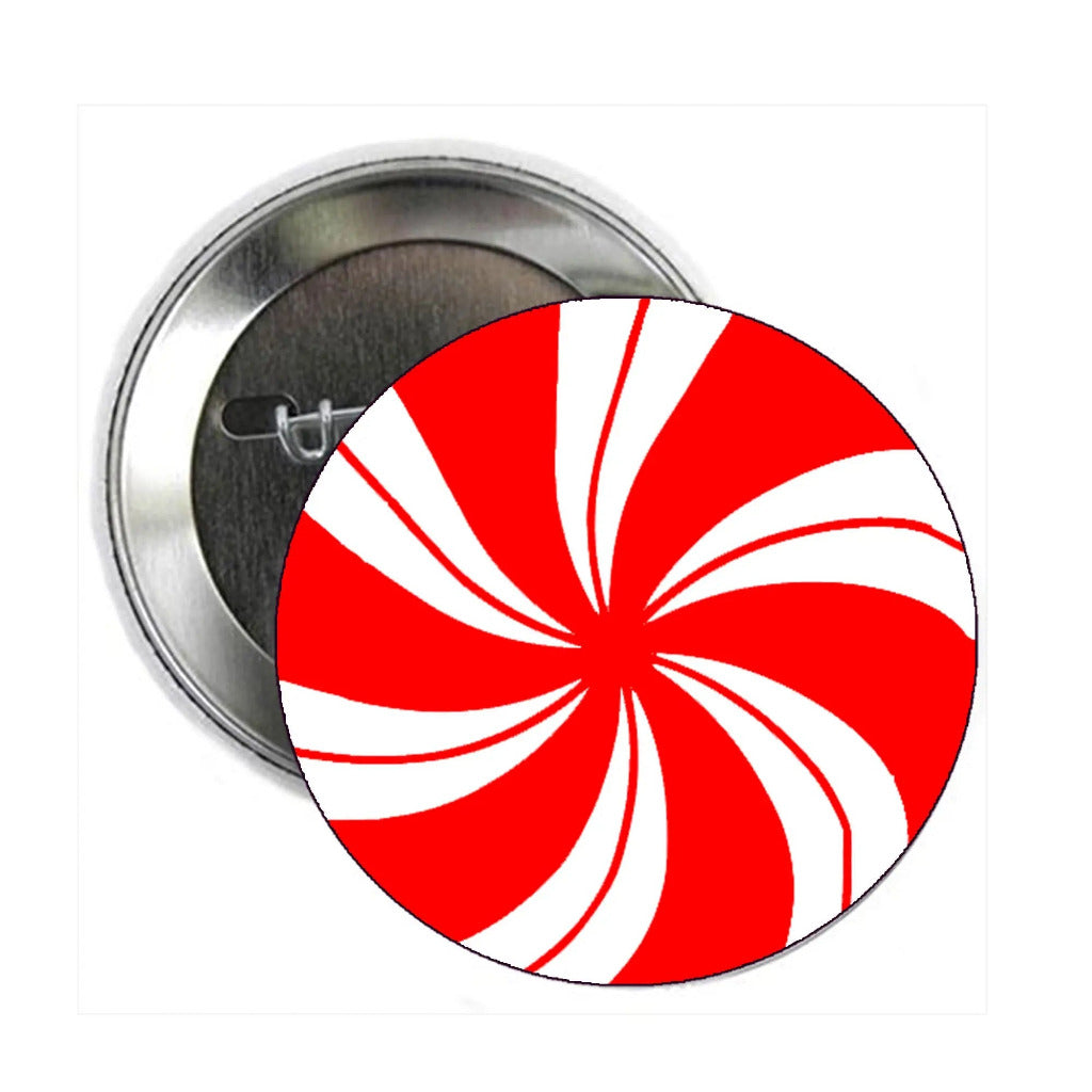 Candy cane pinback button with red and white peppermint swirl design