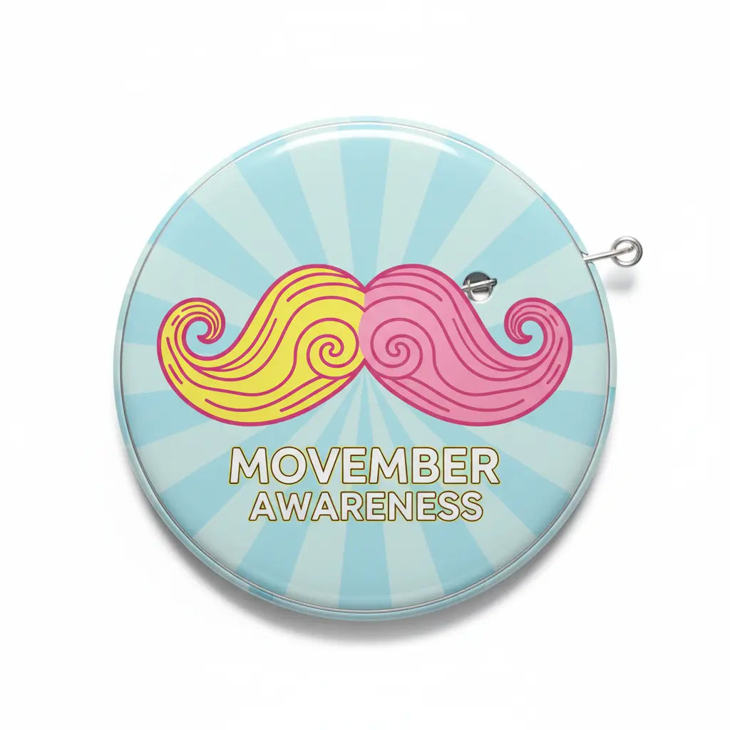 Movember moustache pinback with yellow/pink moustaches and 'Movember Awareness'
