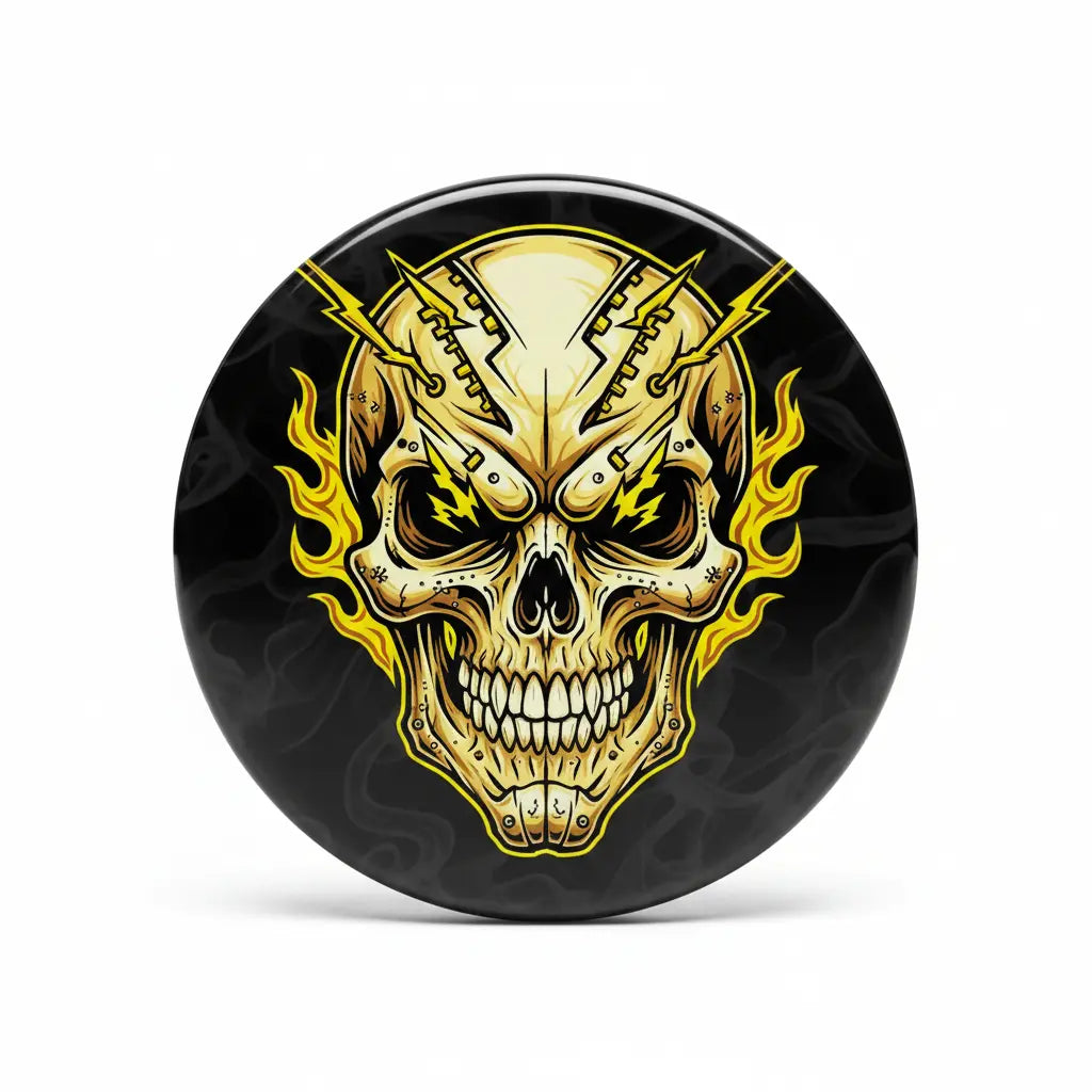 2.25-inch yellow rock skull pinback button with black backing and flame graphic