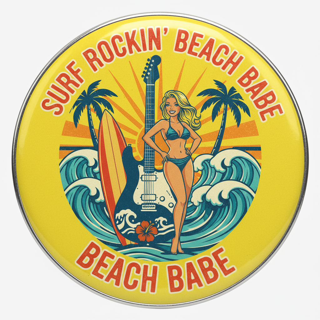 Yellow Surf Babe Guitar Pinback 2.25-inch